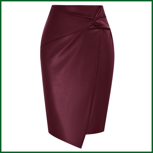 Faux Leather High Waist Wrap Pencil Skirt for Business Casual